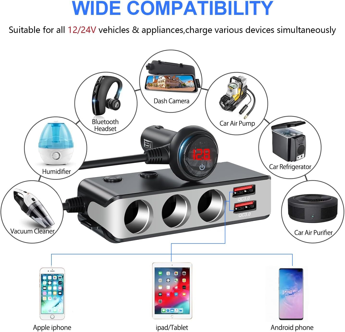 Cigarette Lighter Adapter 140W Cigarette Lighter USB Charger with 12V USB Socket Dual Plug/Port & Extension Lead Fast Charge for All Car Devices