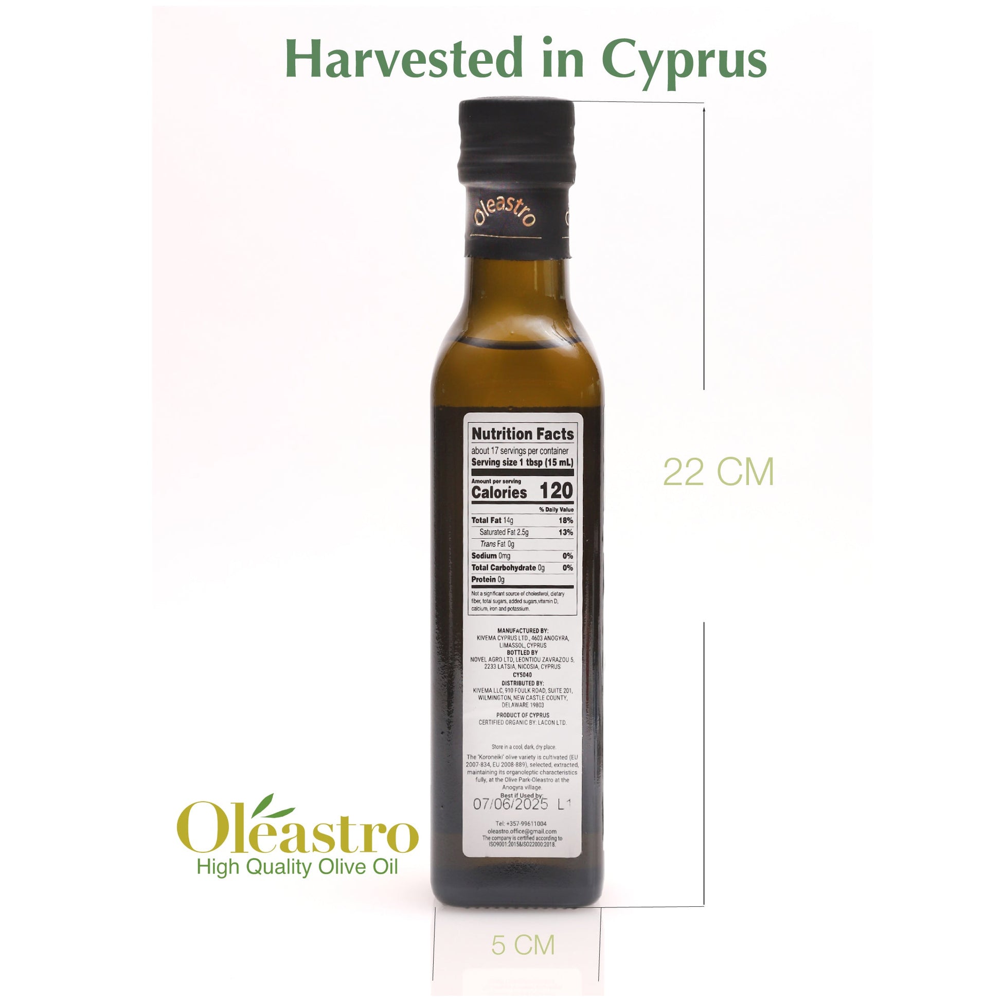 Highest Polyphenol Olive Oil - 250ML Koroneiki Organic Olive Oil by Oleastro Olive Park (Cyprus)