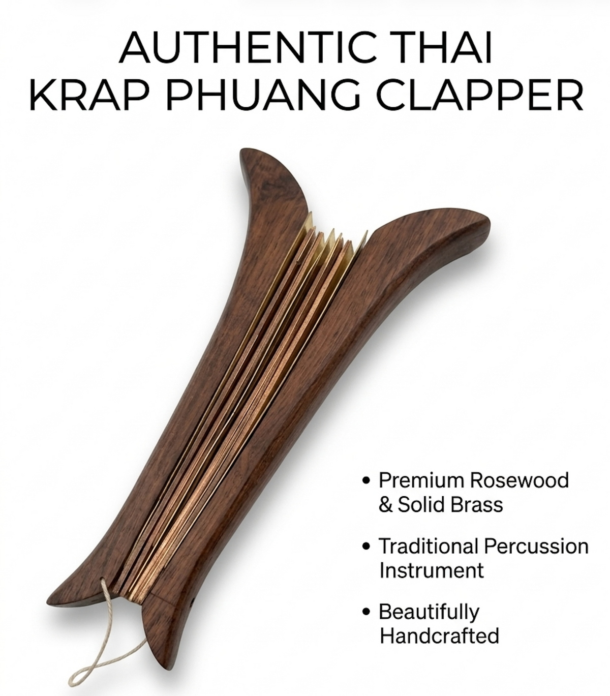 Authentic Thai Krap Phuang Clapper - Siamese Rosewood & Brass Percussion Fan Instrument