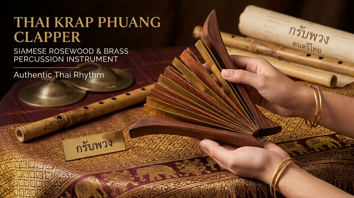 Authentic Thai Krap Phuang Clapper - Siamese Rosewood & Brass Percussion Fan Instrument