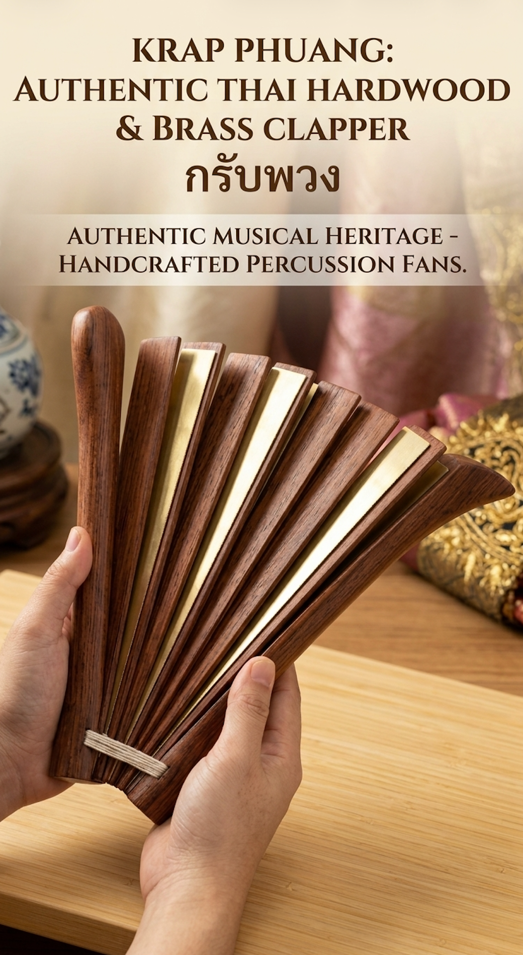 Authentic Thai Krap Phuang Clapper - Siamese Rosewood & Brass Percussion Fan Instrument