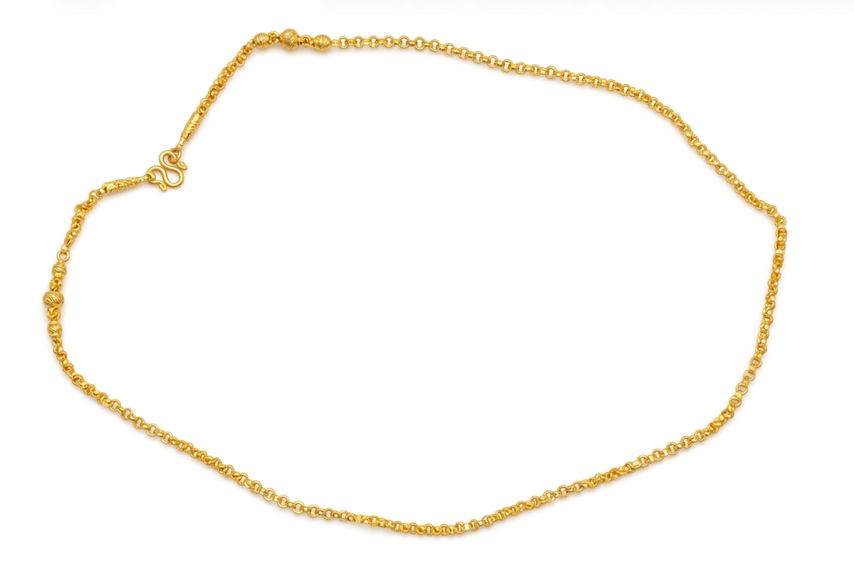 Yellow Gold-Tone Rolo Chain Necklace Thai Style M-Clasp Bead Station 96.5% 44cm 3.8g