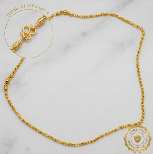 Yellow Gold-Tone Rolo Chain Necklace Thai Style M-Clasp Bead Station 96.5% 44cm 3.8g