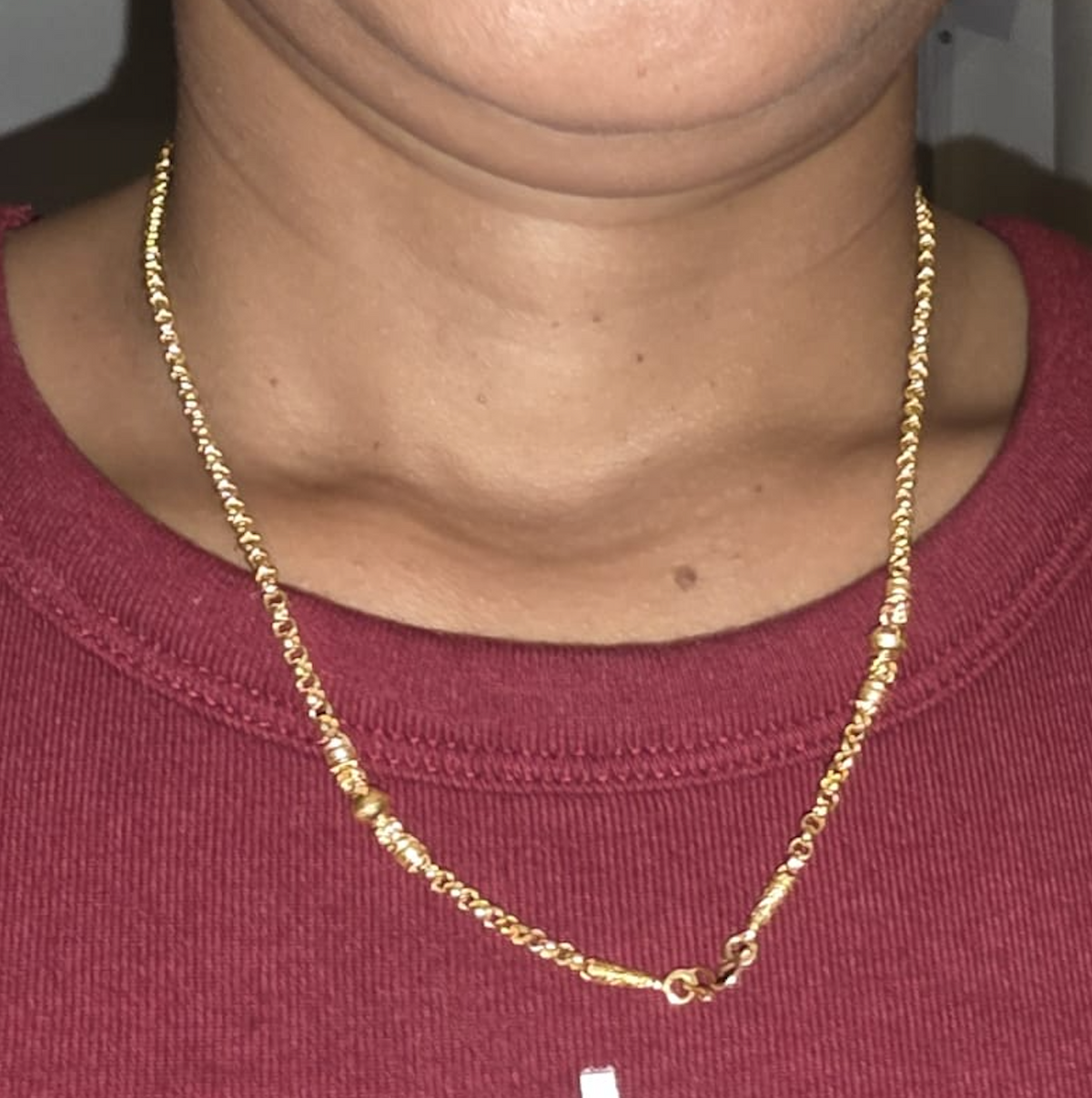 Yellow Gold-Tone Rolo Chain Necklace Thai Style M-Clasp Bead Station 96.5% 44cm 3.8g