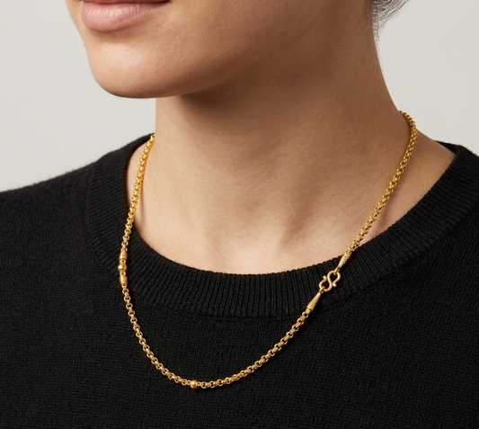 Yellow Gold-Tone Rolo Chain Necklace Thai Style M-Clasp Bead Station 96.5% 44cm 3.8g