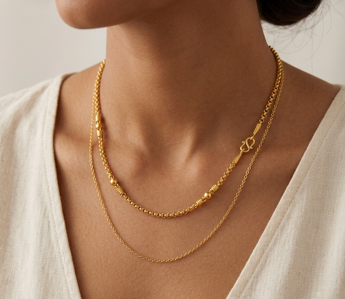 Yellow Gold-Tone Rolo Chain Necklace Thai Style M-Clasp Bead Station 96.5% 44cm 3.8g