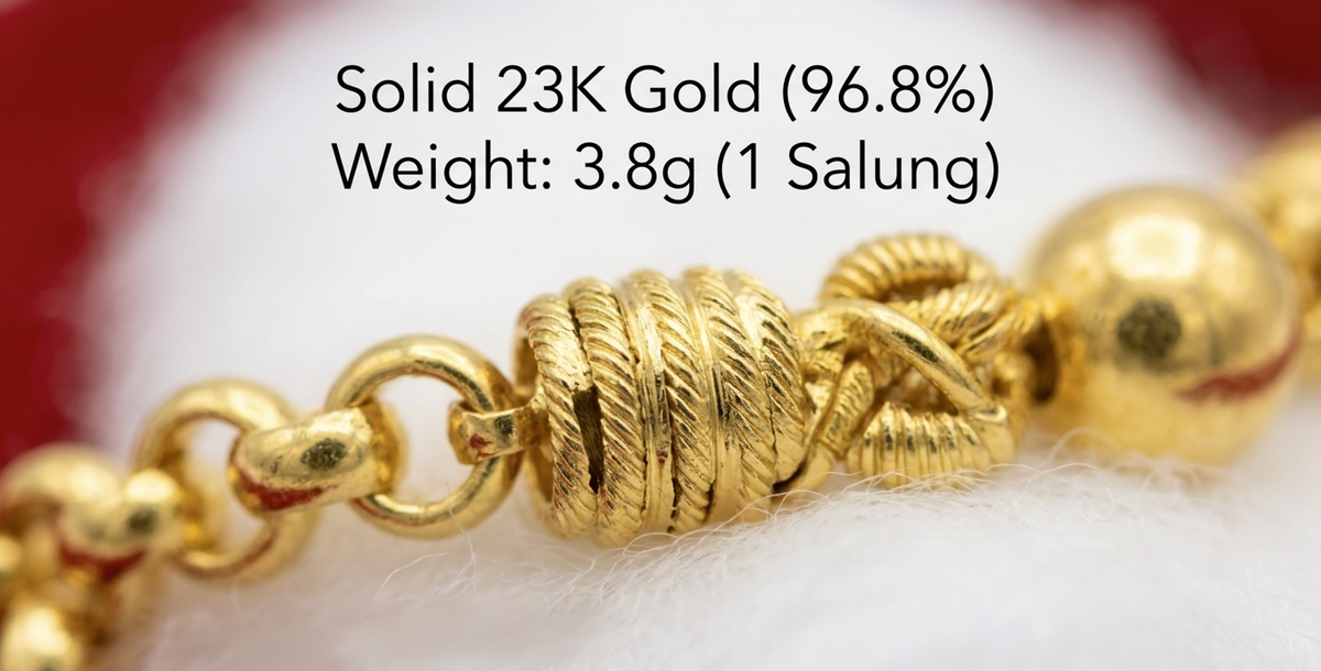 Yellow Gold-Tone Rolo Chain Necklace Thai Style M-Clasp Bead Station 96.5% 44cm 3.8g
