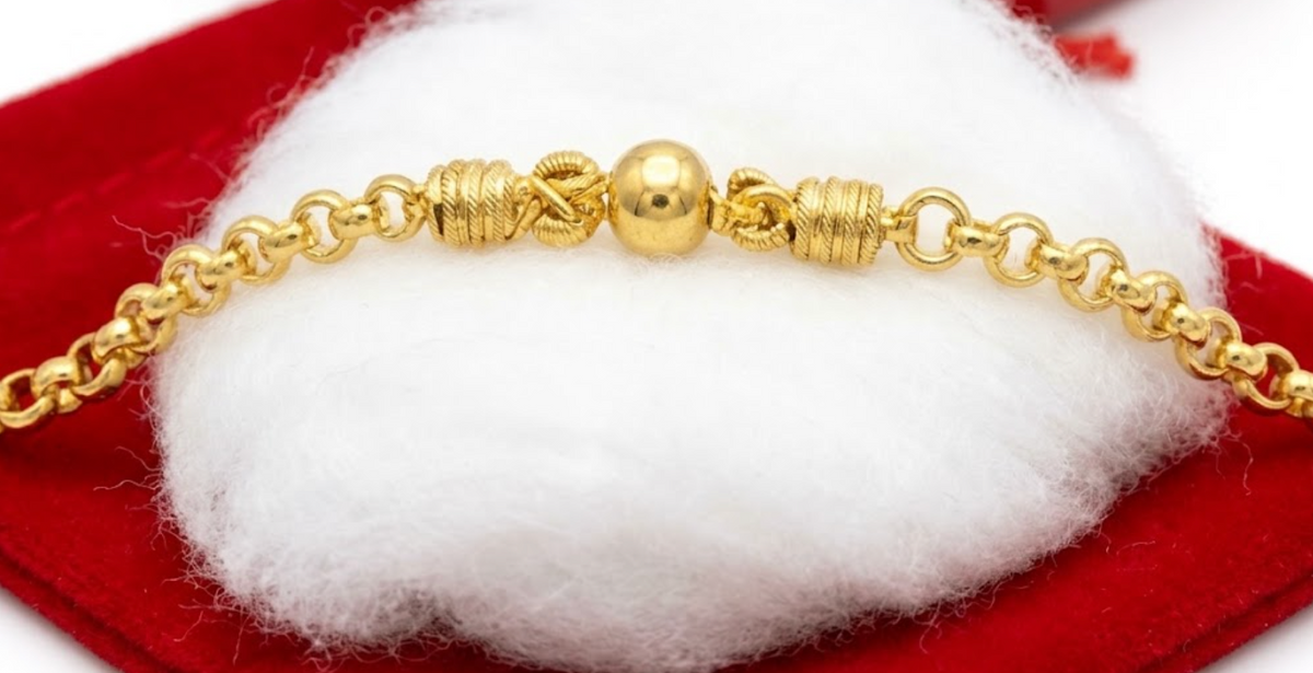 Yellow Gold-Tone Rolo Chain Necklace Thai Style M-Clasp Bead Station 96.5% 44cm 3.8g