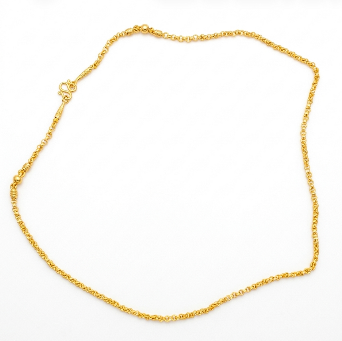 Yellow Gold-Tone Rolo Chain Necklace Thai Style M-Clasp Bead Station 96.5% 44cm 3.8g