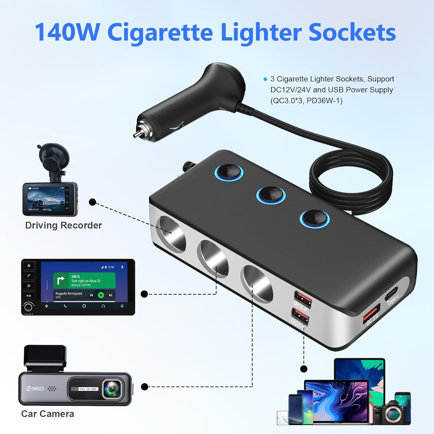 Cigarette Lighter Adapter 140W Cigarette Lighter USB Charger with 12V USB Socket Dual Plug/Port & Extension Lead Fast Charge for All Car Devices