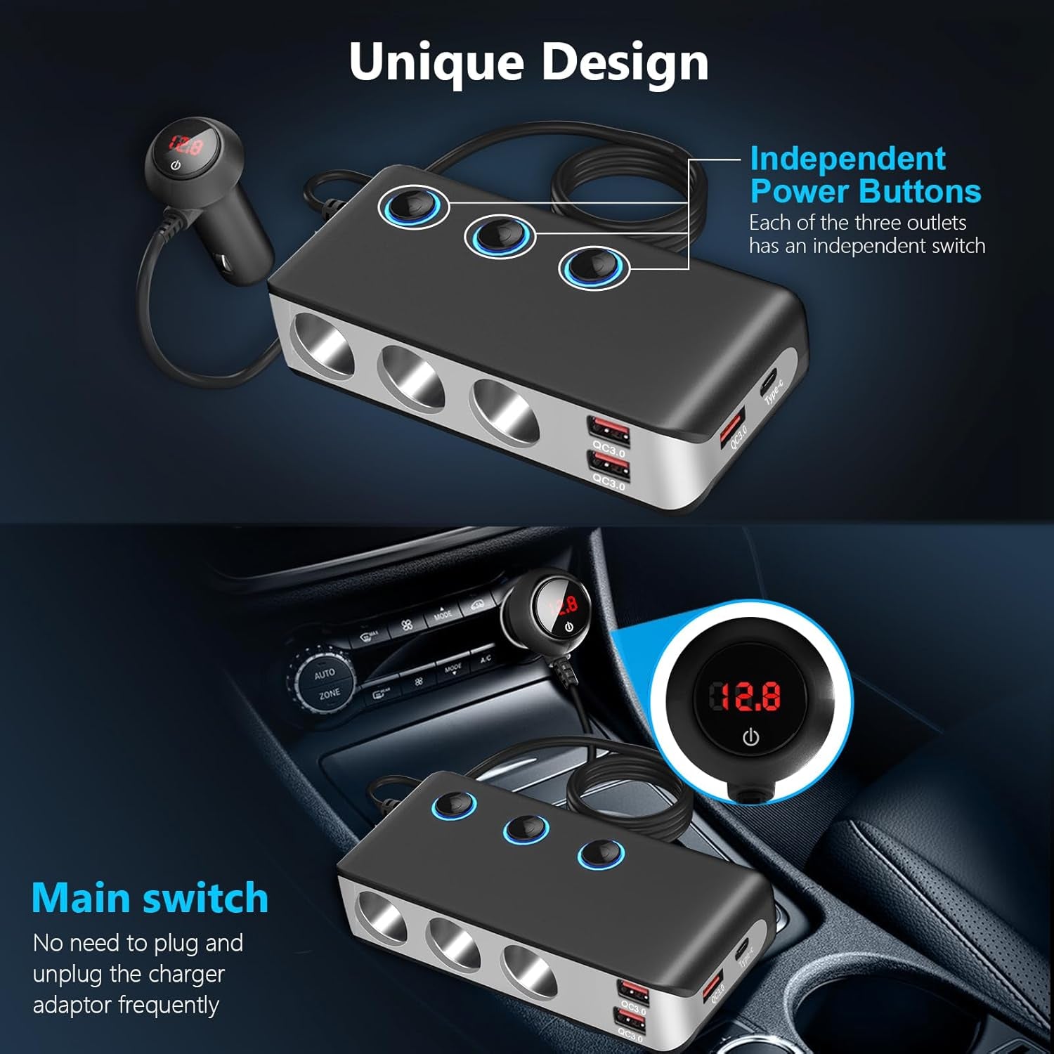 Cigarette Lighter Adapter 140W Cigarette Lighter USB Charger with 12V USB Socket Dual Plug/Port & Extension Lead Fast Charge for All Car Devices